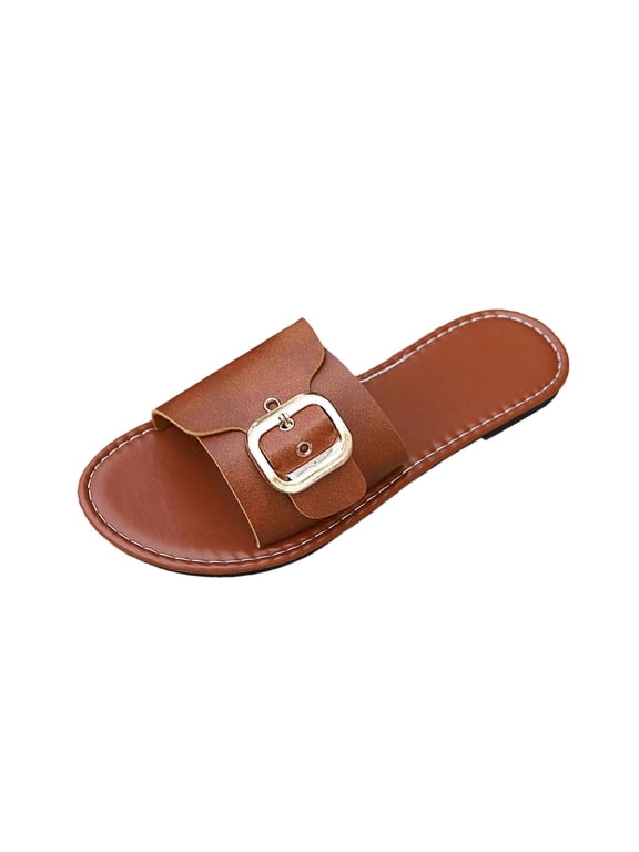 Women's Leather Slide Sandals with Chain Detail, Summer Beach Open Toe Slip On Slipper, Elegant Flat Shoes for Women Brown 5.5