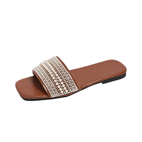 Narveanno Women's Pearl Decor Square Toe Sandals Leather Open Toe Flat Slip On Slides Brown 6.5