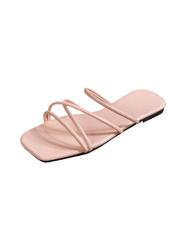 Women's Strappy Slip on Open Toe Slide Sandals Squared Slippers Flat Sandals Pink 9.5
