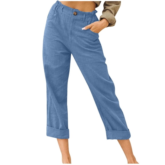 Narveanno Womens Casual Cotton Tapered Capri Cargo Pants Loose Elastic Waist Ankle Cropped Trouser with Pockets Dark Blue,XL