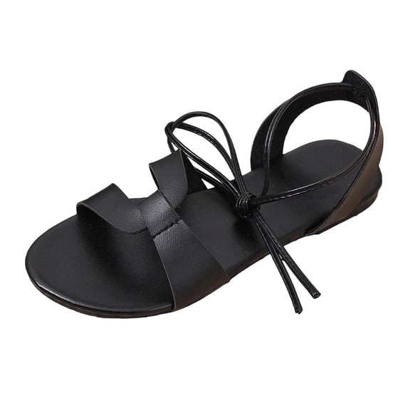Narveanno Womens Flat Sandals Strappy Open Toe Cross Lace Up Ankle Strap Summer Dressy Beach Shoes Black 8.5