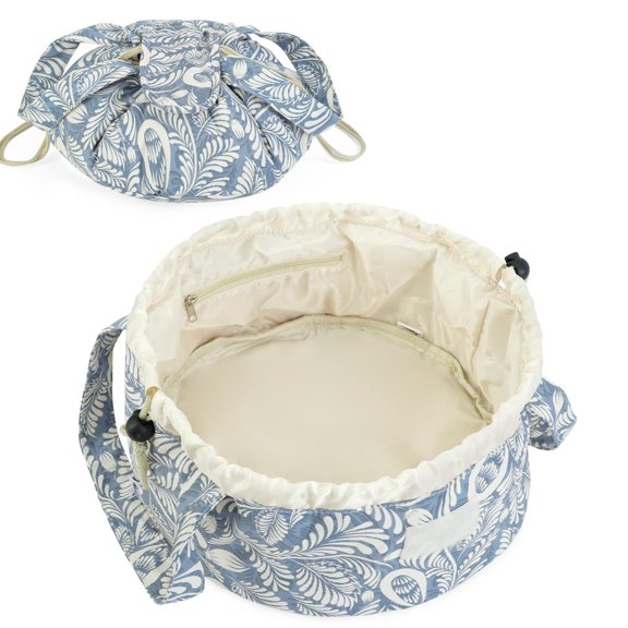 Narwey Barrel Drawstring Makeup Bag Large Cosmetic Bag Make up Bags Travel Toiletry Pouch for Toiletries Organizer Handle for Women Gift, Blue Leaf