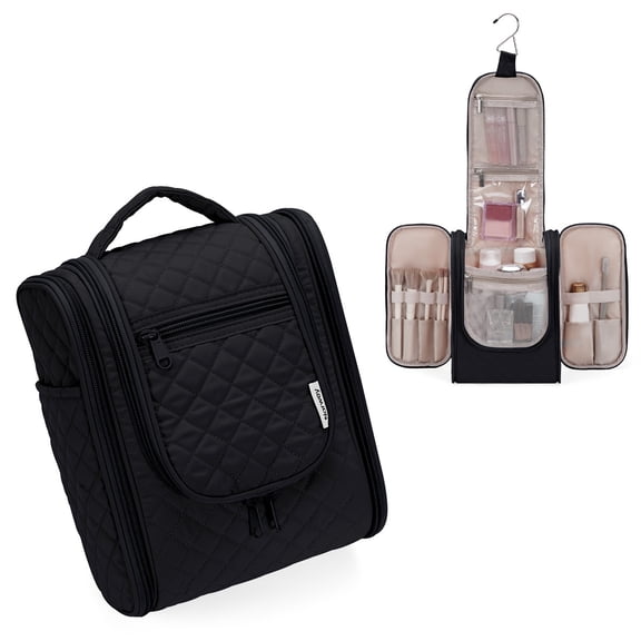Narwey Hanging Toiletry Bag with Hook Quilted Travel Make up Bag with Multiple Compartments, Cosmetic Organizer Dopp Kit for Women Men, Medium, Black