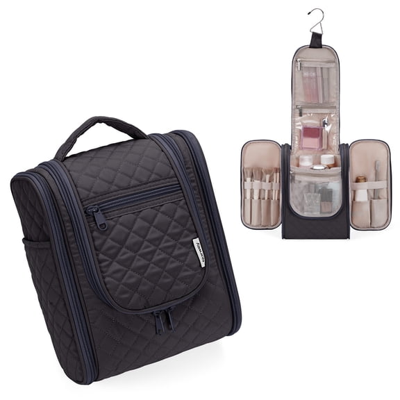 Narwey Hanging Toiletry Bag with Hook Quilted Travel Make up Bag with Multiple Compartments, Cosmetic Organizer Dopp Kit for Women Men, Medium, Grey