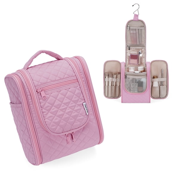 Narwey Hanging Toiletry Bag with Hook Quilted Travel Make up Bag with Multiple Compartments, Cosmetic Organizer Dopp Kit for Women Men, Medium, Pink