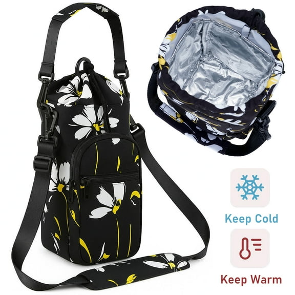 Narwey Insulated Water Bottle Holder with Adjustable Strap 32oz 40oz Sports Bottle Sling Bag with Phone Pocket Waterproof Drawstring with Handles