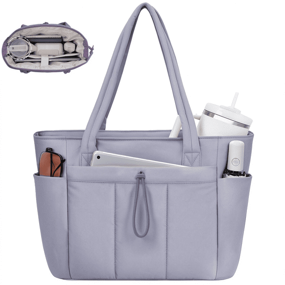 Narwey Large Puffer Work Tote Bag for Women, 20L Lightweight & Spacious Shoulder Handbag with Cup Holder, 15.6" Laptop Compartment & Trolley Sleeve for Travel, Nurse,Grey