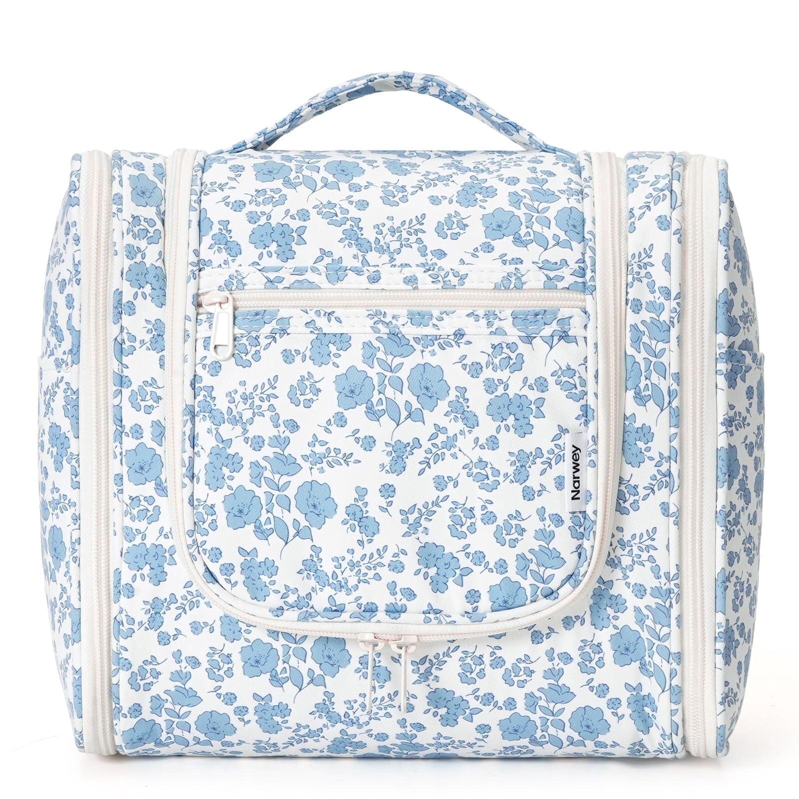 Narwey Travel Bags for Women Hanging Toiletry Bag with Hook Makeup Organizer Large Cosmetic Bags for Men Travel Essentials, Blue Flower