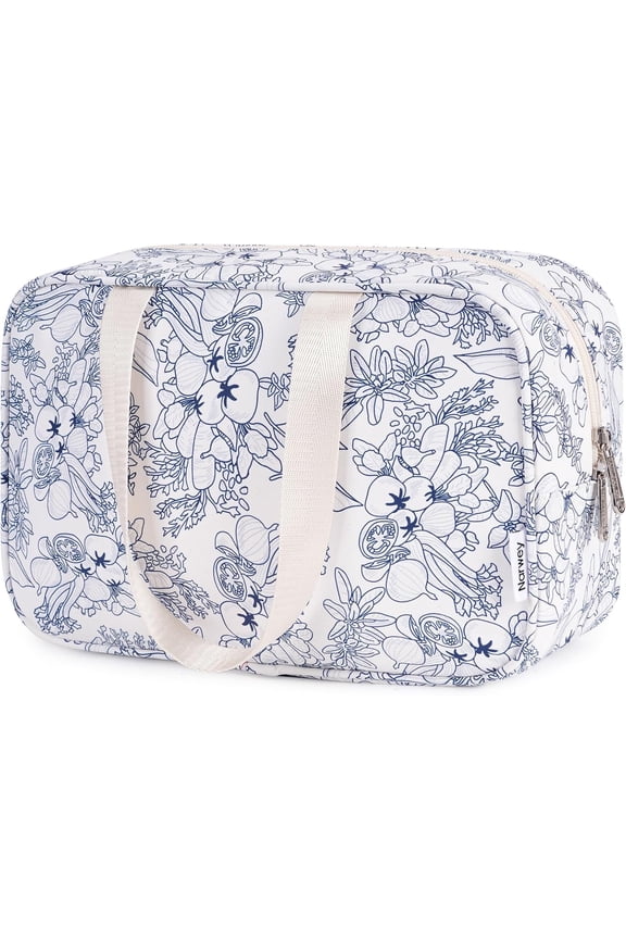 Travel Toiletry Bag Women Large Cosmetic Bag Travel Makeup Bag Organizer Medicine Bag for Toiletries Essentials Accessories, Navy Blue Flower