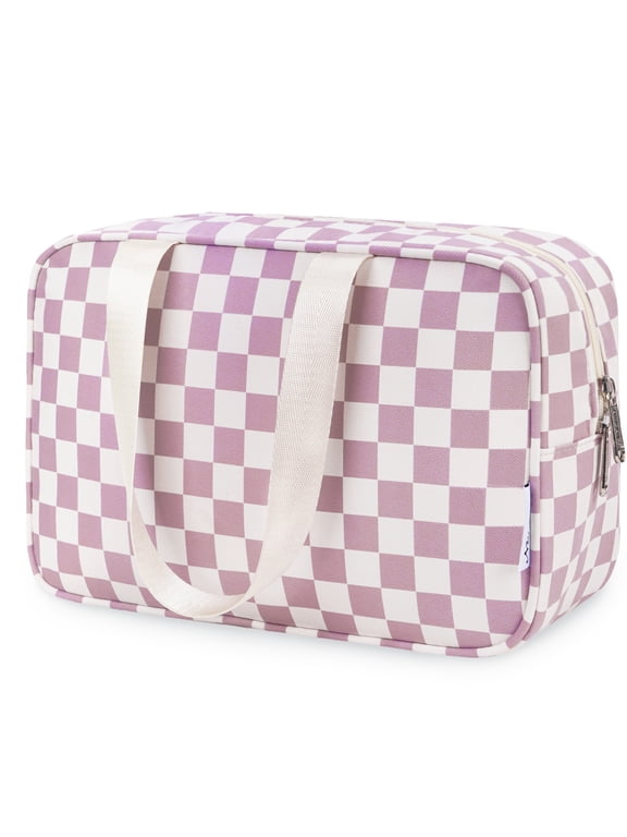 Travel Toiletry Bag Women Large Cosmetic Bag Travel Makeup Bag Organizer Medicine Bag for Toiletries Essentials Accessories, Pink Checkerboard