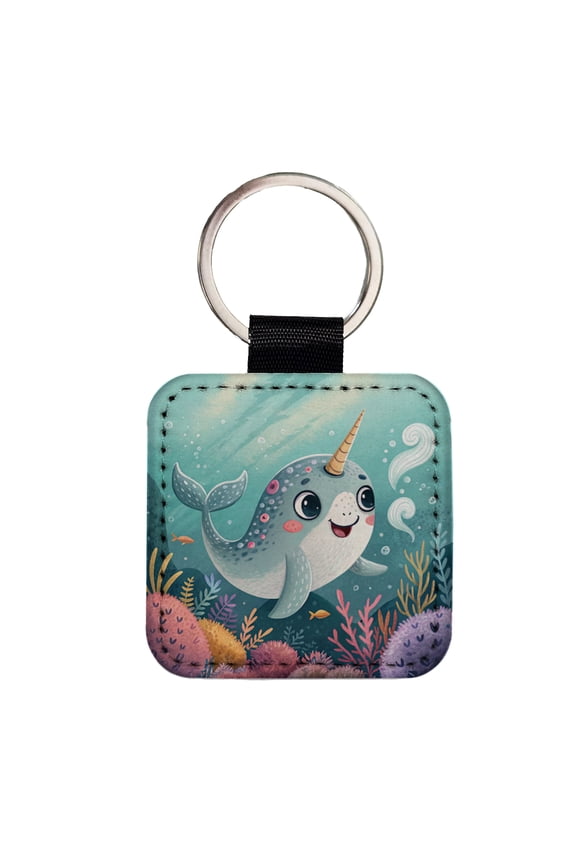 Narwhal Children's Illustration Style Faux Leather Square Keychain