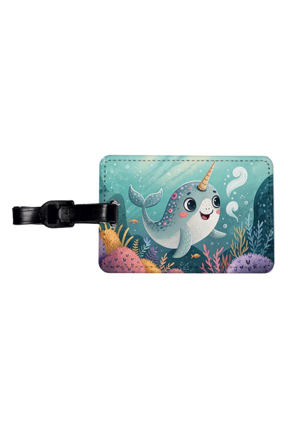 Narwhal Children's Illustration Style Faux Leather Travel Luggage Tag