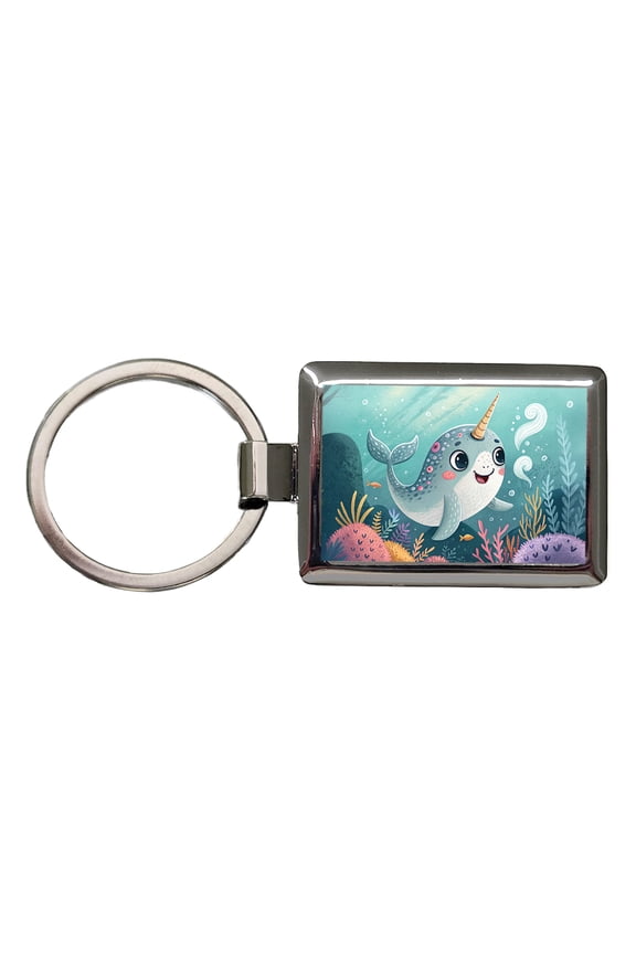 Narwhal Children's Illustration Style Metal Rectangle Keychain