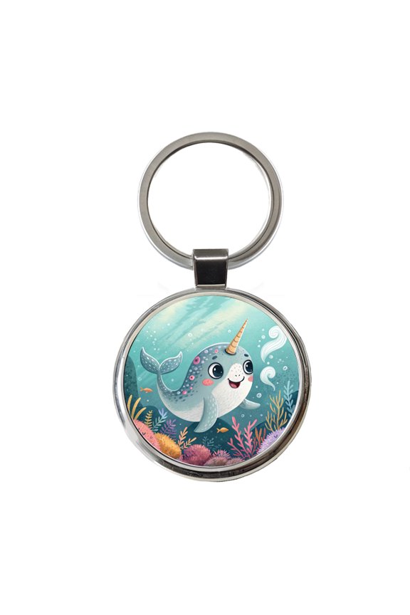 Narwhal Children's Illustration Style Metal Round Keychain