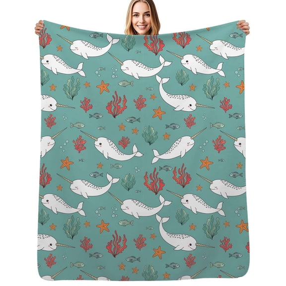 Narwhal Coral Sea Life Flannel Blanket Warm Soft Bedding Throws Winter Camping Chair Sofa Bed