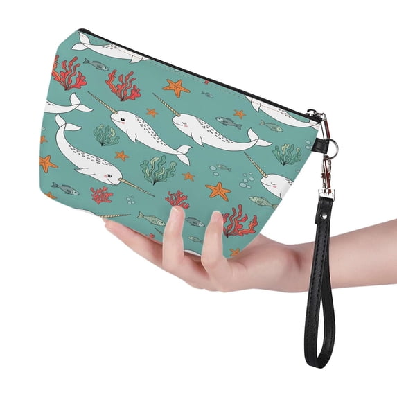 Narwhal Coral Sea Life Leather Makeup Bag Small Travel Cosmetic Bag For Women,Cosmetic Organizer Makeup Pouch For Purse, One Size