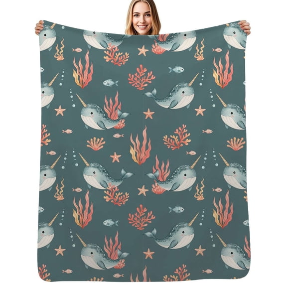 Narwhal Coral Sea Life Soft Blanket Travel Bedding Throws Flannel Bedspread Sofa Bed Cover