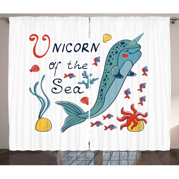 Ambesonne Narwhal Curtains 2 Panel Set, Colorful Swimming Whale, 108" x 63", Multicolor