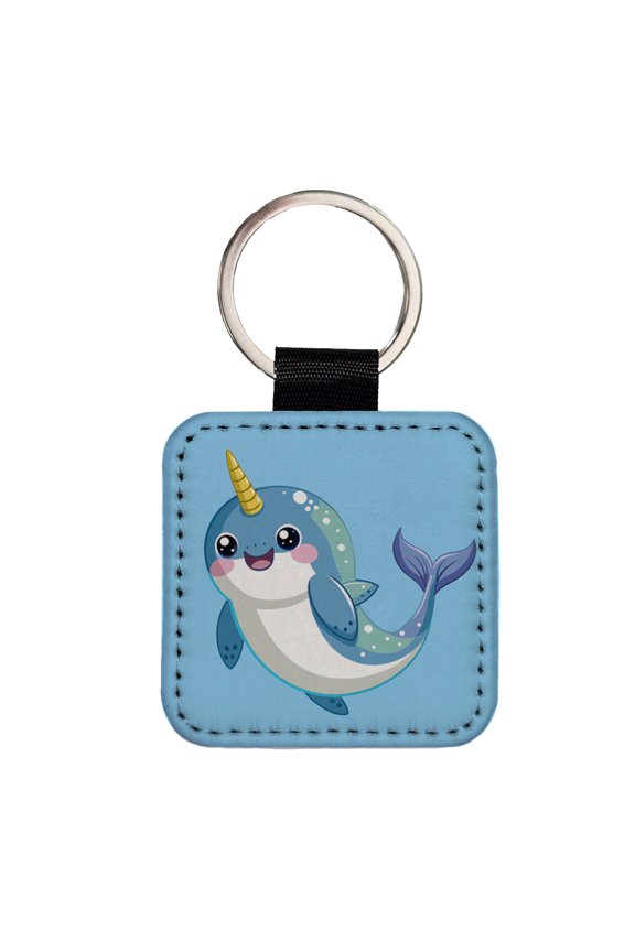 Narwhal Cute Chibi Faux Leather Square Keychain