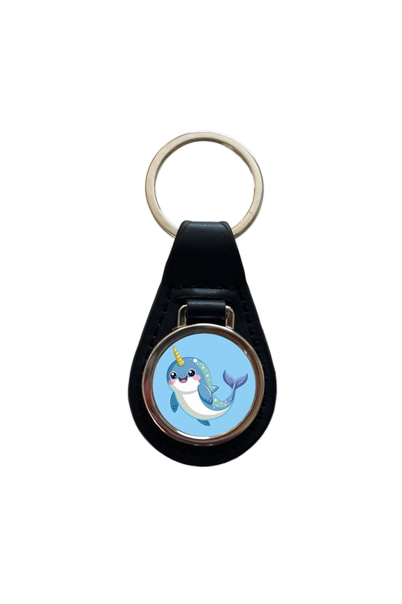 Narwhal Cute Chibi Metal Black Leather Keychain