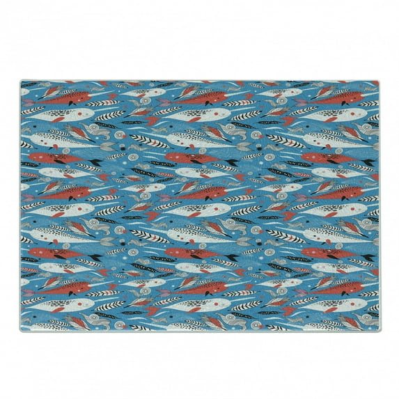 Narwhal Cutting Board, Underwater Life Themed Whale and Bird Feather Illustration Colorful Design, Decorative Tempered Glass Cutting and Serving Board, Small Size, Multicolor, by Ambesonne
