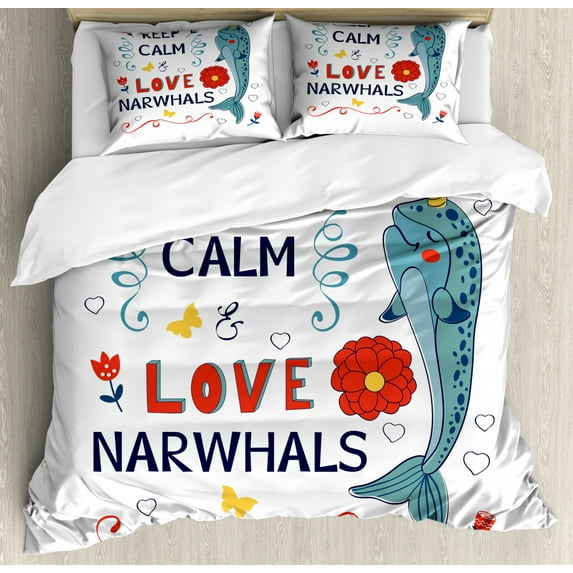 Narwhal Duvet Cover Set Queen Size, Pop Culture Phrase with Unicorn of the Ocean Design Colorful Cartoon Character, Decorative 3 Piece Bedding Set with 2 Pillow Shams, Multicolor, by Ambesonne