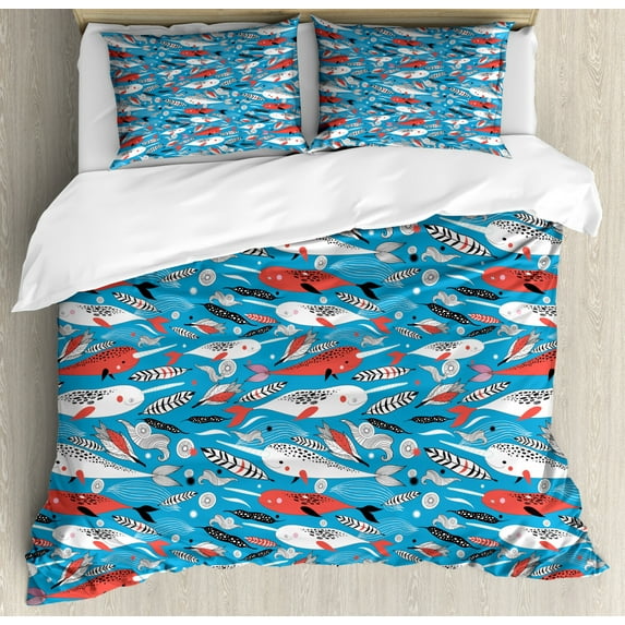 Narwhal Duvet Cover Set Queen Size, Underwater Life Themed Whale and Bird Feather Illustration Colorful Ethnic Design, Decorative 3 Piece Bedding Set with 2 Pillow Shams, Multicolor, by Ambesonne