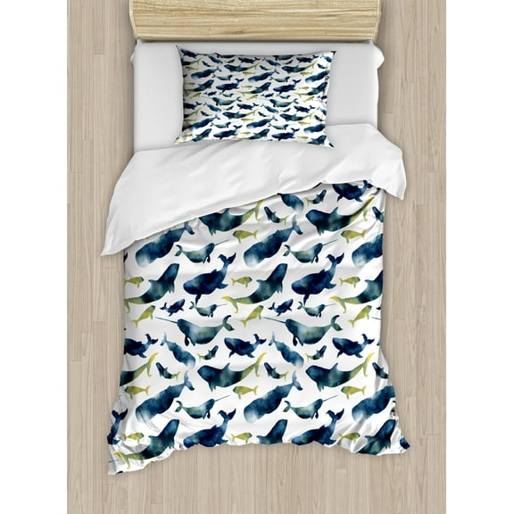Narwhal Duvet Cover Set Twin Size, Watercolor Whales of the Arctic Ocean Cachalot Orca Blue Whale Illustration, Decorative 2 Piece Bedding Set with 1 Pillow Sham, Dark Blue Yellow, by Ambesonne