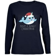 Narwhal Have a Narly Gnarly Christmas Womens Long Sleeve T Shirt Navy SM