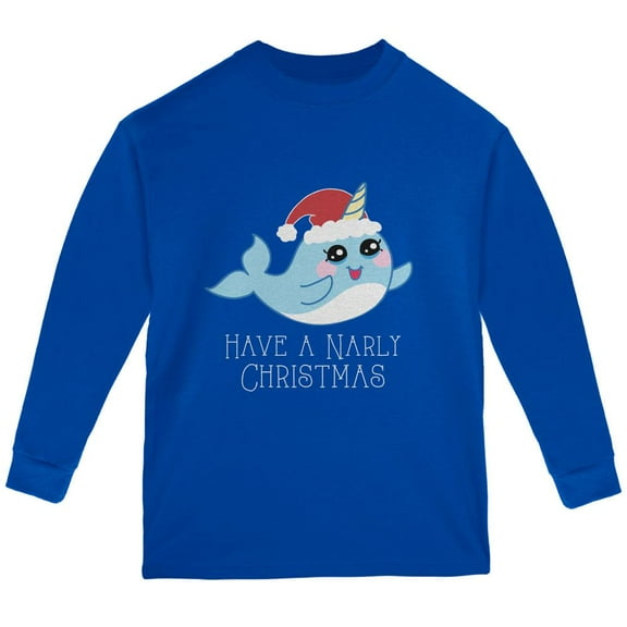Narwhal Have a Narly Gnarly Christmas Youth Long Sleeve T Shirt Royal YXL