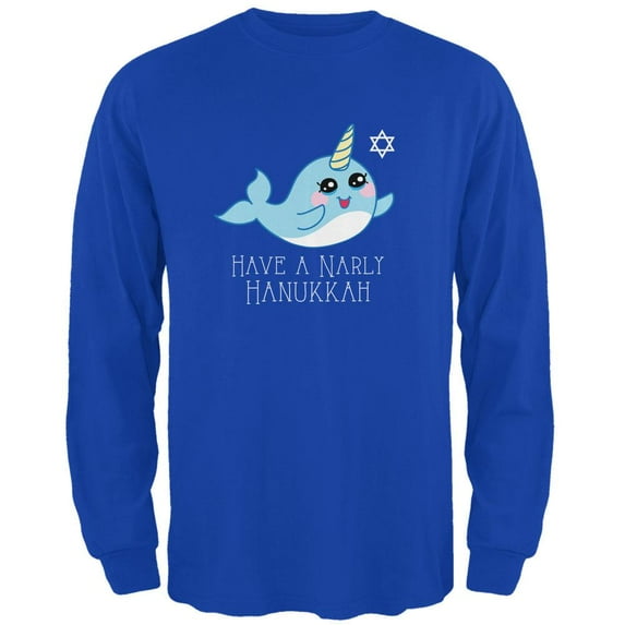 Narwhal Have a Narly Gnarly Hanukkah Mens Long Sleeve T Shirt Royal LG