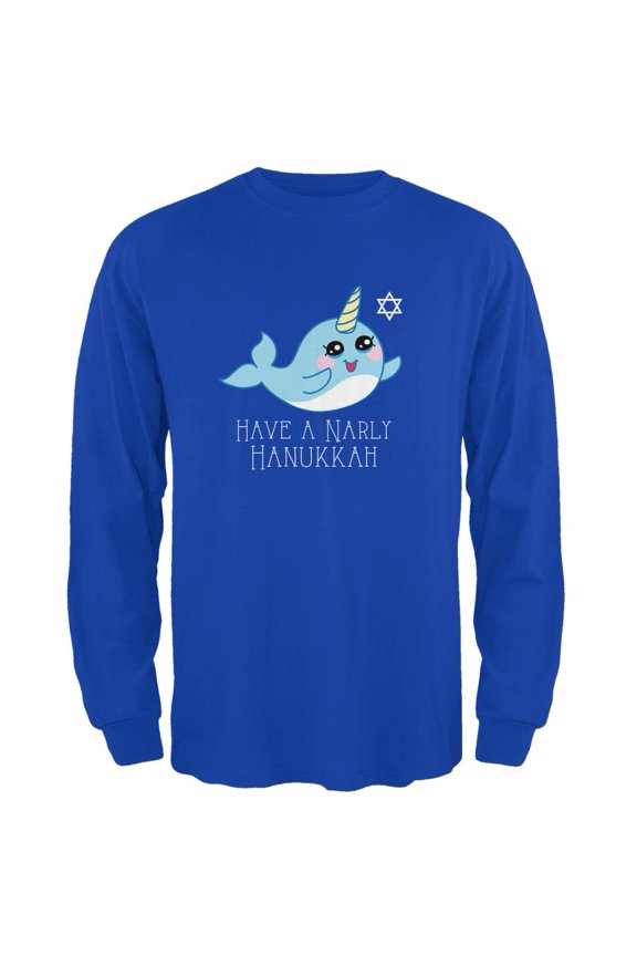 Narwhal Have a Narly Gnarly Hanukkah Mens Long Sleeve T Shirt Royal MD