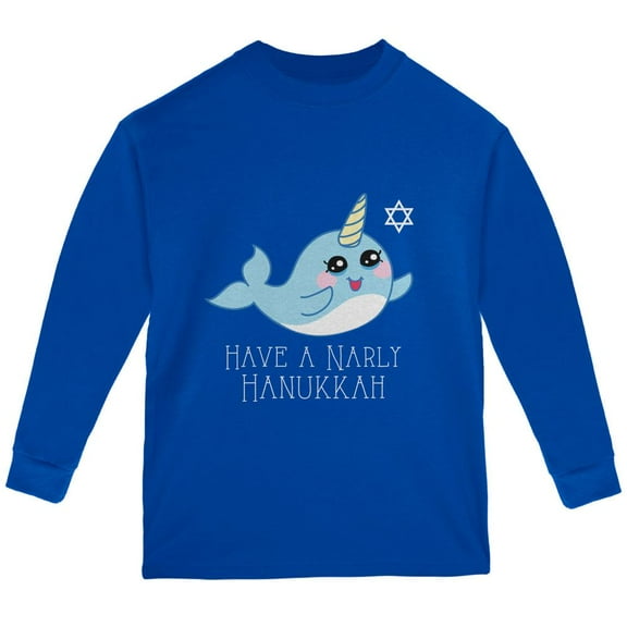 Narwhal Have a Narly Gnarly Hanukkah Youth Long Sleeve T Shirt Royal YMD