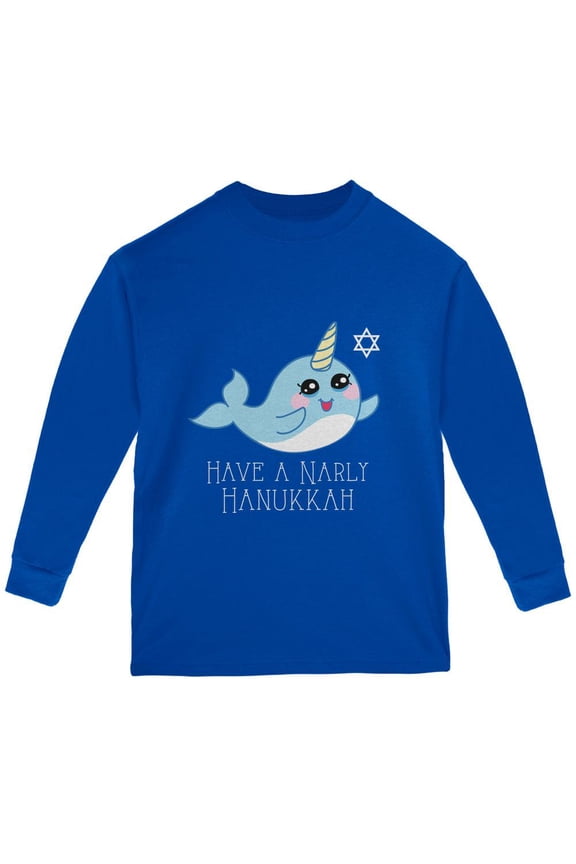 Narwhal Have a Narly Gnarly Hanukkah Youth Long Sleeve T Shirt Royal YXL