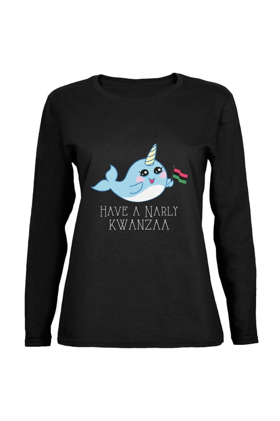 Narwhal Have a Narly Gnarly Kwanzaa Womens Long Sleeve T Shirt Navy X-LG