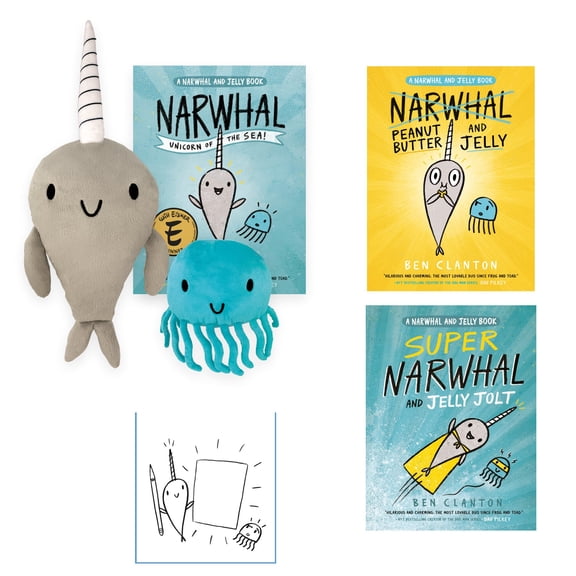 Narwhal and Jelly Books Gift Set with Boxed Set of 3 Paperbacks by Ben Clanton, Poster, Narwhal and Jelly Licensed Plush Animals, and Create Your Own Story Activity Page