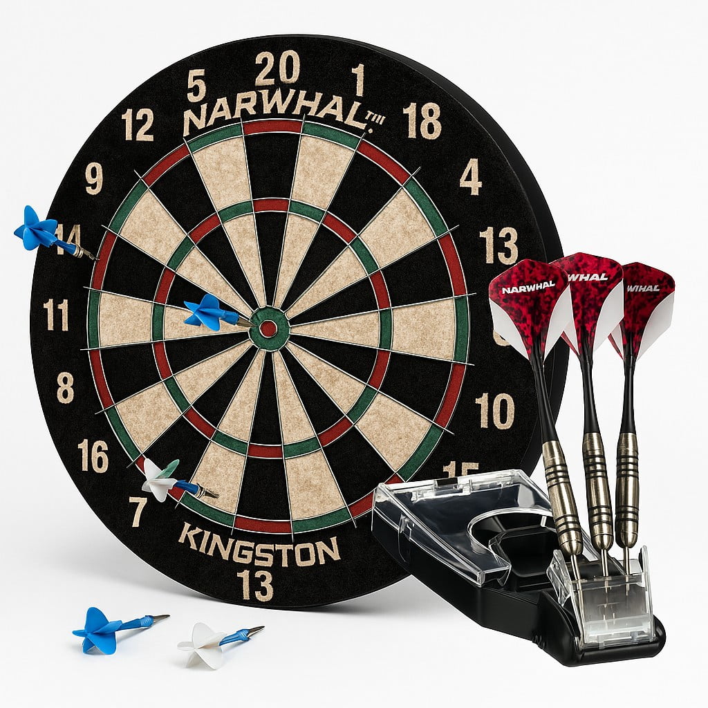 Narwhal Kingston Official Size Bristle Dartboard with 6 Steel Tip Darts and 3 Additional Tournament Steel Tip Darts