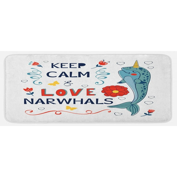 Narwhal Kitchen Mat, Pop Culture Phrase with Unicorn of the Ocean Design Colorful Cartoon Character, Plush Decorative Kitchen Mat with Non Slip Backing, 47" X 19", Multicolor, by Ambesonne