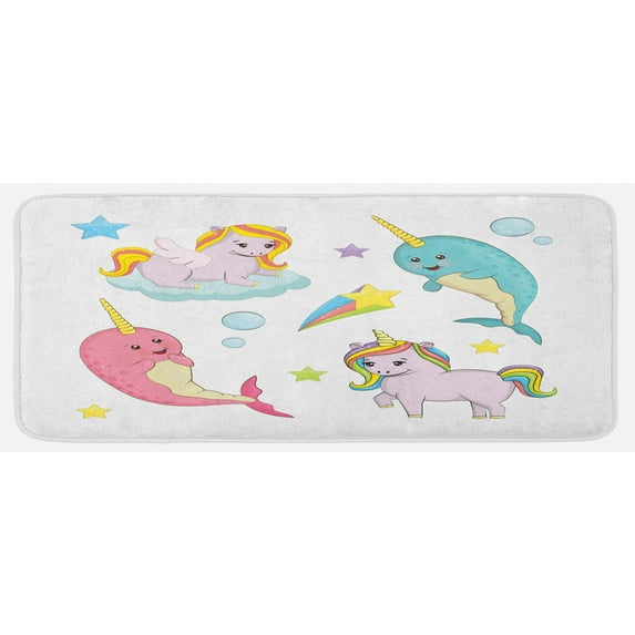 Narwhal Kitchen Mat, Rainbow Colored Unicorns of the Land and Ocean Girly Illustration Colorful Cartoon, Plush Decorative Kitchen Mat with Non Slip Backing, 47" X 19", Multicolor, by Ambesonne