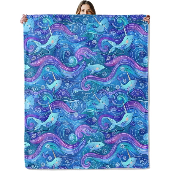 Narwhal Ocean Waves Throw Blanket for Girls Boys Kids Adults, 50×60 in, Cozy Flannel Blanket for Bedroom, Camping, Couch, Room Decor, Fuzzy Warm Soft Gifts