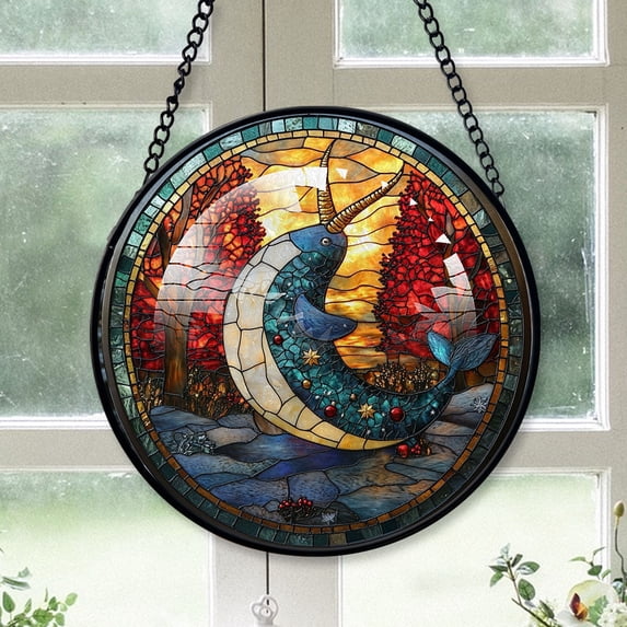 Narwhal Ornament Christmas 2025, Narwhal Stained Glass Window Hanging – Artistic Handmade Glass Ornament, Perfect for Nature Lovers