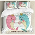thumbnail image 1 of Narwhal Queen Size Duvet Cover Set, Tea Drinking Whales Ocean Unicorn with Abstract Bubbles Backdrop, Decorative 3 Piece Bedding Set with 2 Pillow Shams, Pale Blue Beige Pale Pink, by Ambesonne, 1 of 3