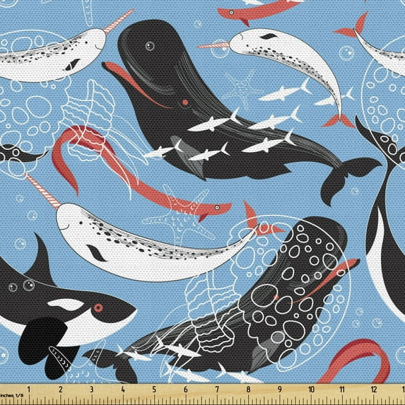 Narwhal Sofa Upholstery Fabric by the Yard, Arctic Giant Sea Mammals Orca White Whale Narwhal Sketch Ocean Fauna, Decorative Fabric for DIY Home Accents, 10 Yards, Blue Dark Coral Black by Ambesonne