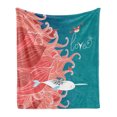 thumbnail image 1 of Narwhal Soft Flannel Fleece Blanket, Love Themed Sketch Illustration with Arctic Whale Bird and Floral Arrangement, Cozy Plush for Indoor and Outdoor Use, 50" x 70", Teal Coral White, by Ambesonne, 1 of 5