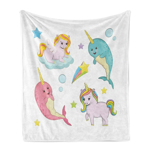 Narwhal Soft Flannel Fleece Blanket, Rainbow Colored Unicorns of the Land and Ocean Girly Illustration Colorful Cartoon, Cozy Plush for Indoor and Outdoor Use, 60" x 80", Multicolor, by Ambesonne