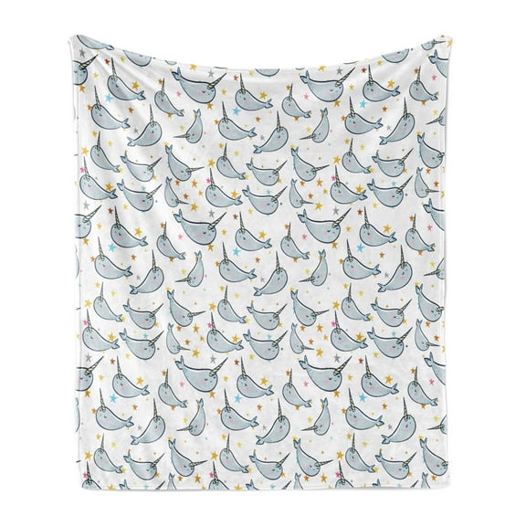 Narwhal Soft Flannel Fleece Blanket, Unicorn of the Oceans Pattern in Cartoon Nursery Style Composition Colorful Design, Cozy Plush for Indoor and Outdoor Use, 60" x 80", Multicolor, by Ambesonne