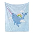 thumbnail image 1 of Narwhal Soft Flannel Fleece Throw Blanket, Abstractal Whale with Horn Flying in the Sky Among Clouds and Rainbow, Cozy Plush for Indoor and Outdoor Use, 50" x 60", Multicolor, by Ambesonne, 1 of 5
