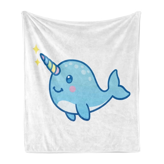Narwhal Soft Flannel Fleece Throw Blanket, Cartoon Drawing Style Whale Rainbow Horn Unicorn of the Ocean Arctic Animal, Cozy Plush for Indoor and Outdoor Use, 50" x 60", Multicolor, by Ambesonne