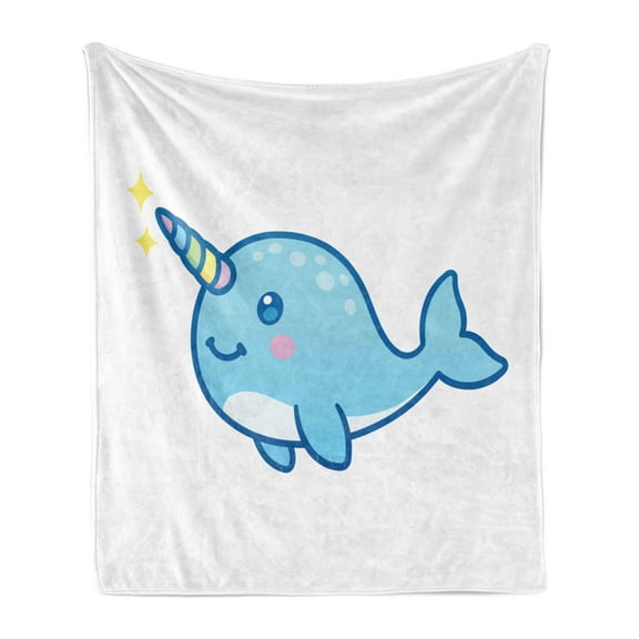 Narwhal Soft Flannel Fleece Throw Blanket, Cartoon Drawing Style Whale Rainbow Horn Unicorn of the Ocean Arctic Animal, Cozy Plush for Indoor and Outdoor Use, 50" x 60", Multicolor, by Ambesonne