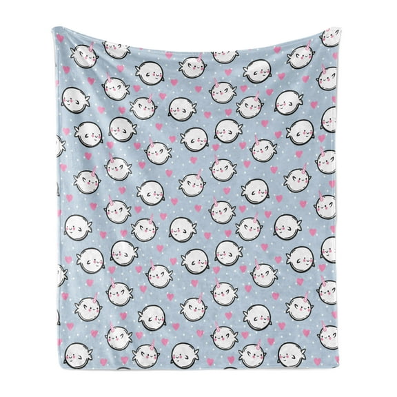 Narwhal Soft Flannel Fleece Throw Blanket, Cartoon Styled Whales with Polka Dots and Hearts Background Doodle Design, Cozy Plush for Indoor and Outdoor Use, 60" x 80", Multicolor, by Ambesonne